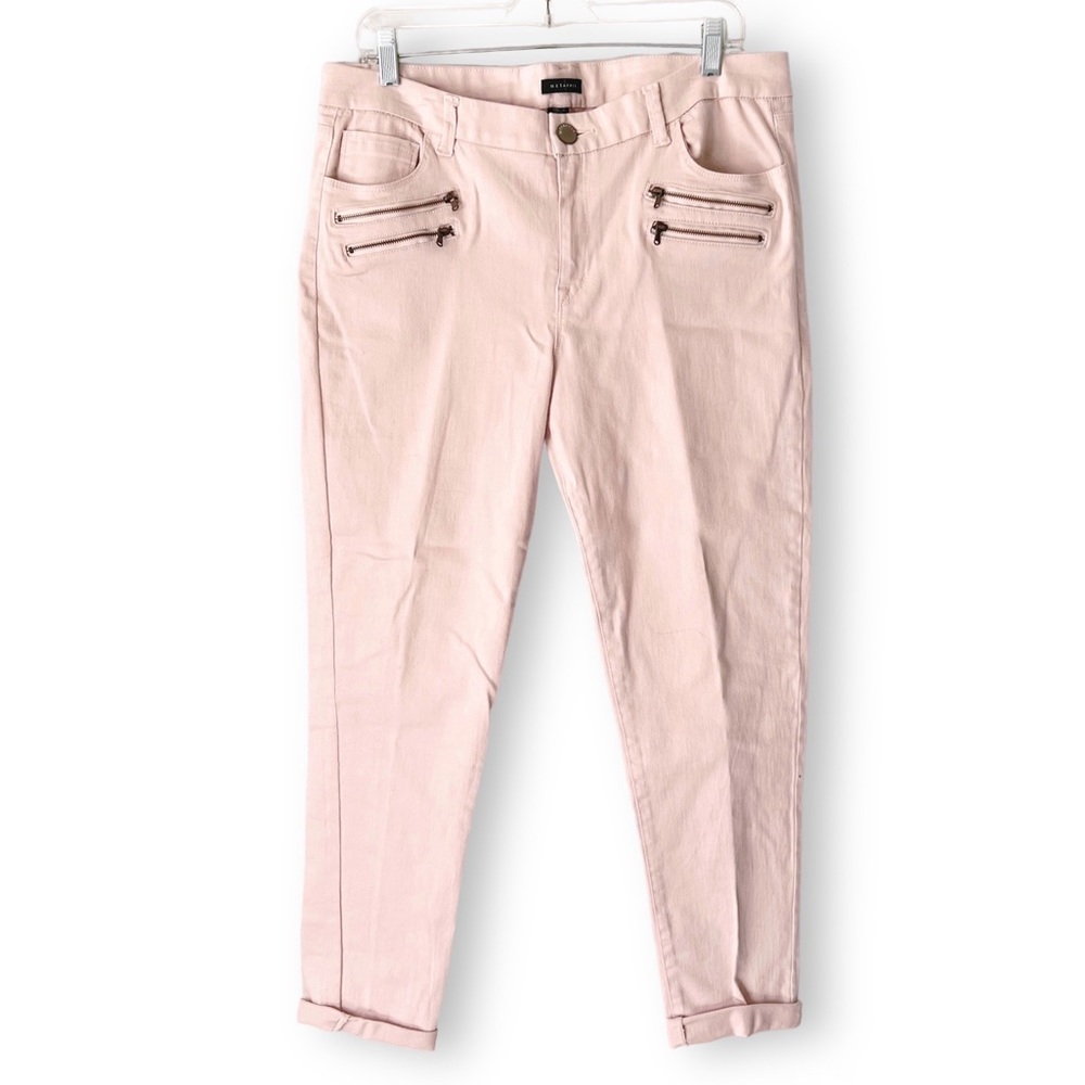 Blush Pink Mid Rise Stretch Ankle Pant Metaphor Moto Zipper Size 14 Barb…